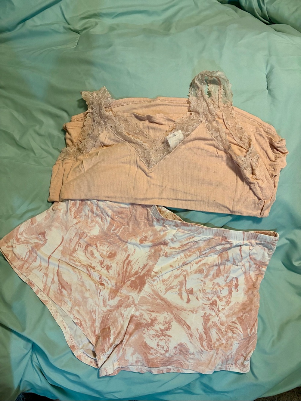Soma Peach Lace-Trim Bralette with Peach & Cream Marble Shorts